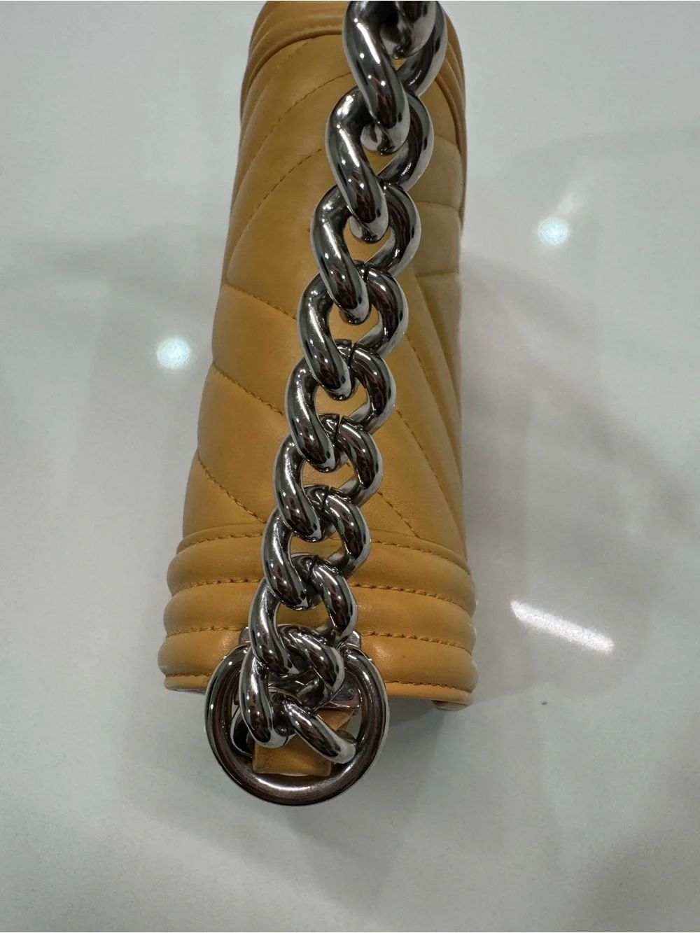 CHANEL Yellow Quilted Chevron Boy Crossbody with Silver Hardware